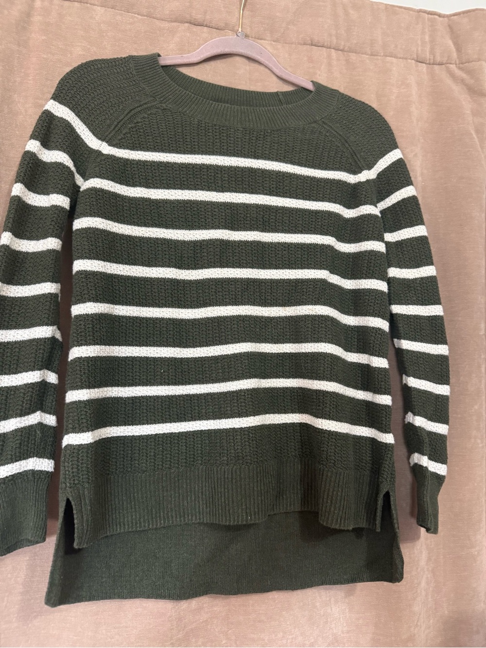 Old Navy Olive Green and White Striped Crewneck Sweater